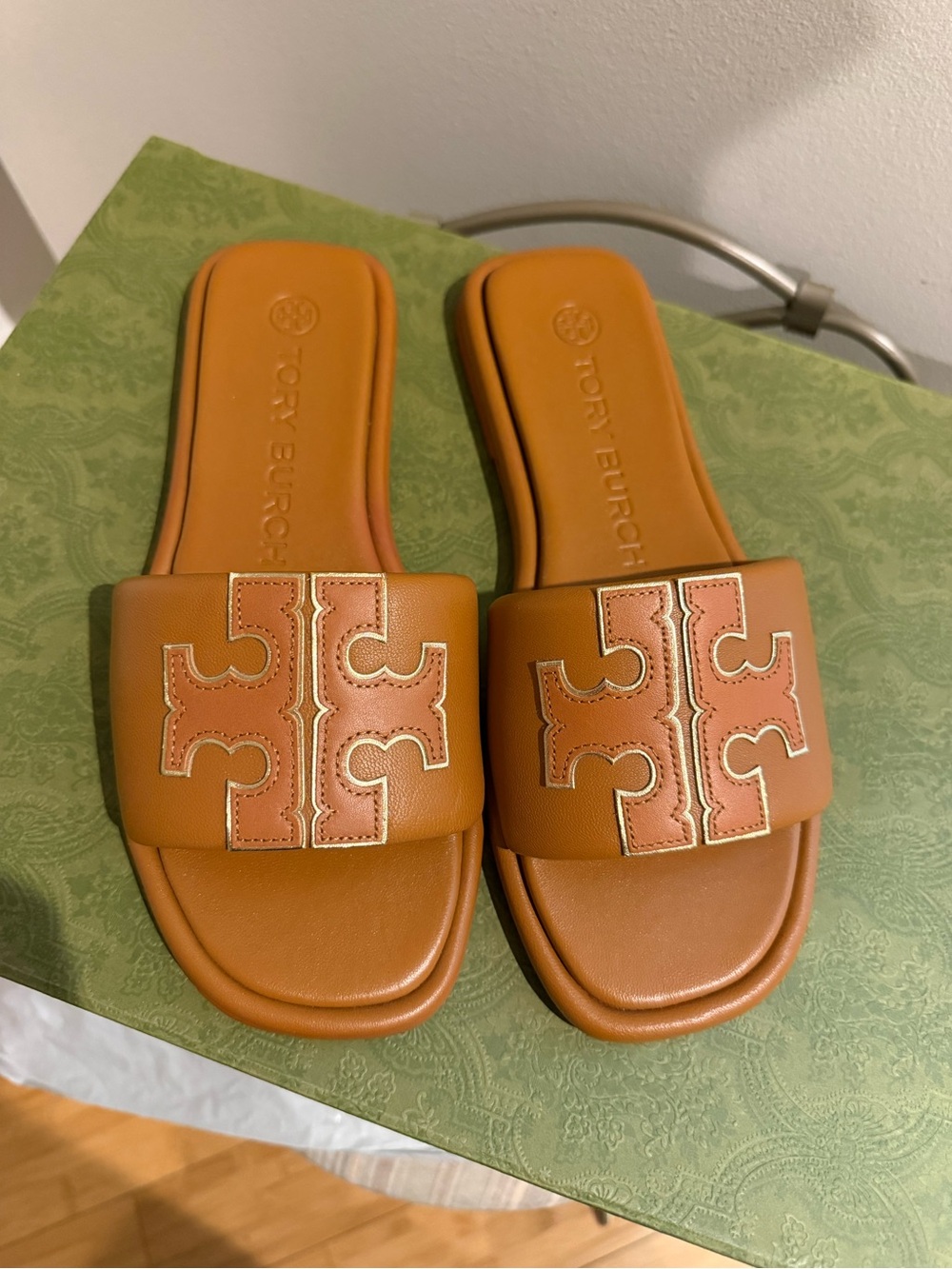 Tory Burch Tan Leather Logo Slide Sandals